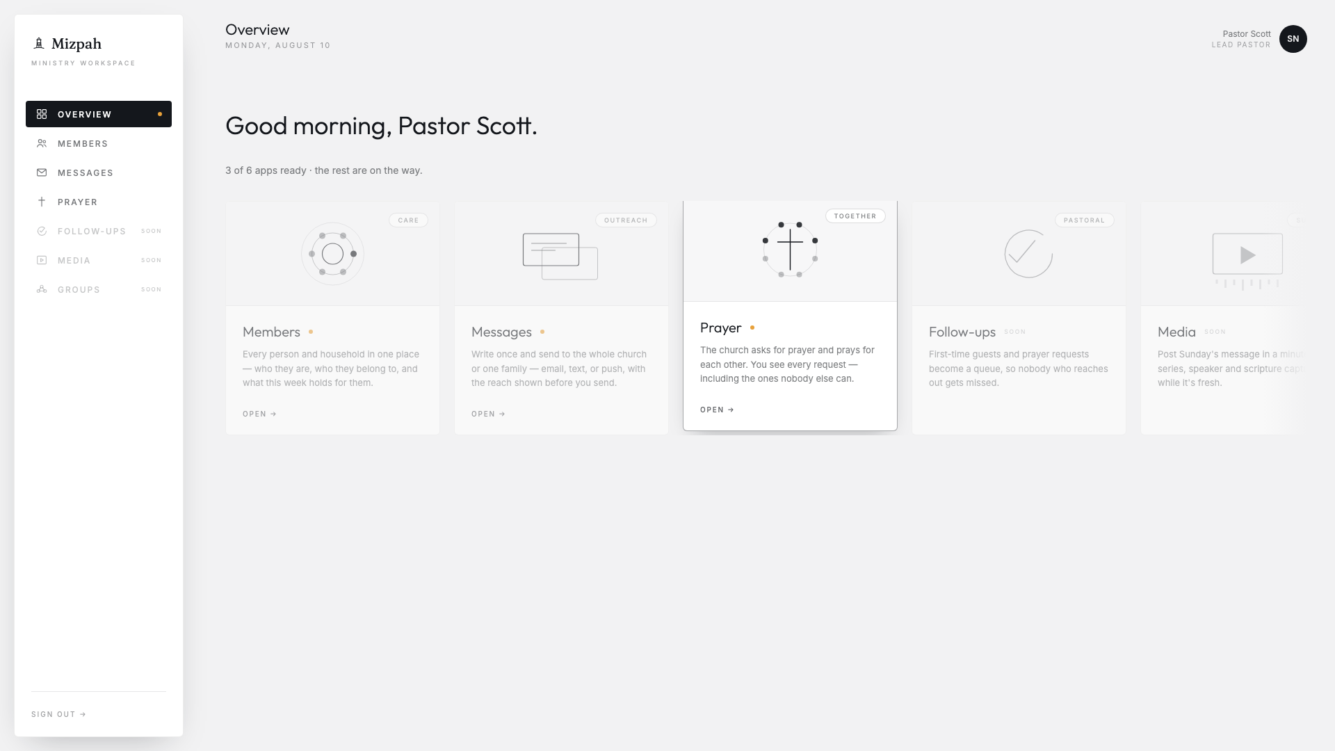 The Mizpah launcher with the Prayer app lit; Members and Messages beside it, and Follow-ups, Media and Groups marked soon.